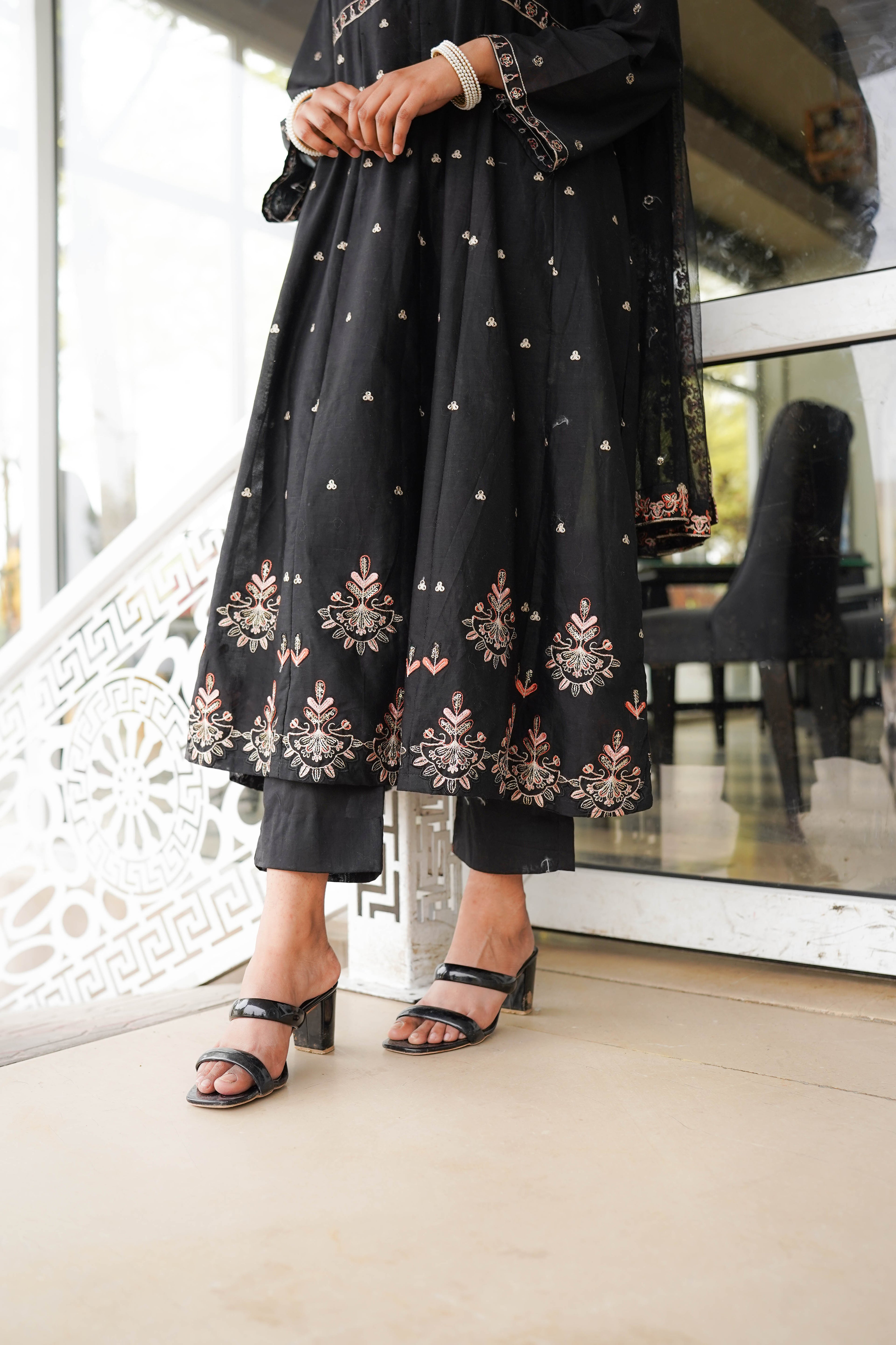 3 Piece - Embroidered Black Frock