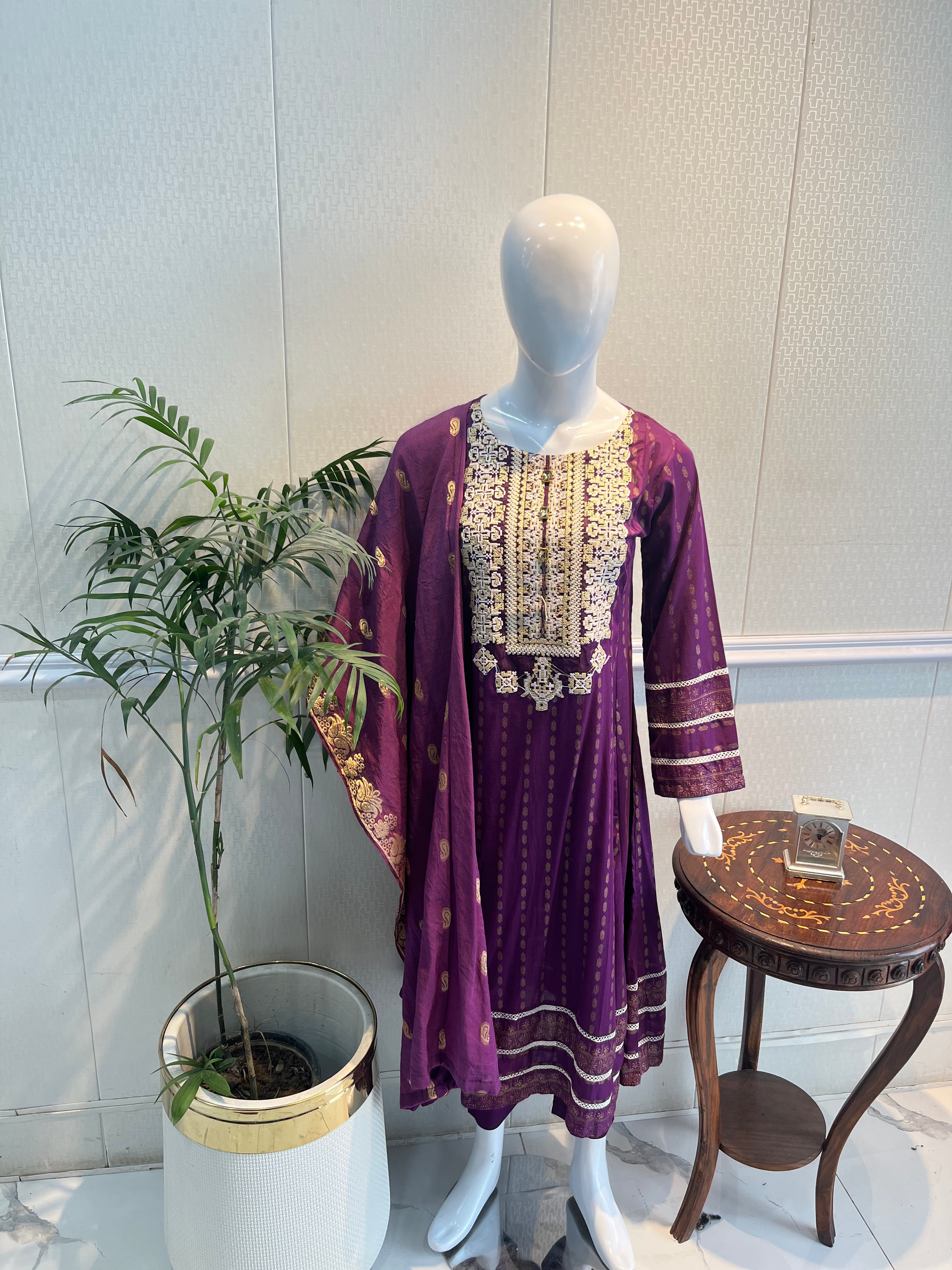 3 Piece - Print & Embroidered Frock